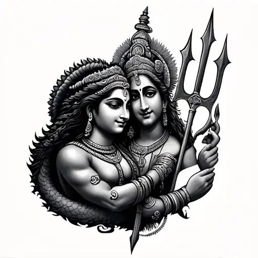 lord Vishnu and Vasuki wrapped around a trident tattoo design idea