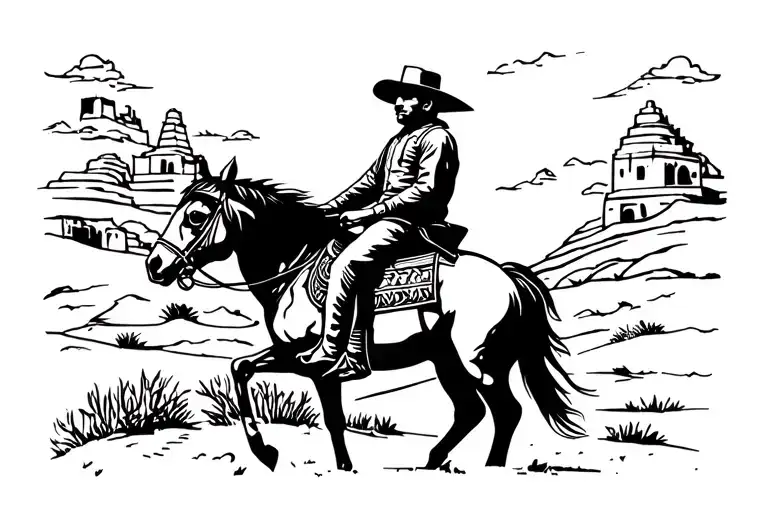 Pancho villa riding a horse in front of monte alban tattoo design idea