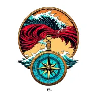 compass with the ocean wave crashing tattoo design idea