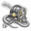 Firefighter helmet and compressed air breathing apparatus and fire hose with fire as background tattoo design idea