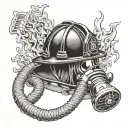 Firefighter helmet and compressed air breathing apparatus and fire hose with fire as background tattoo design idea
