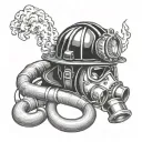 Firefighter helmet and compressed air breathing apparatus and fire hose with fire as background tattoo design idea