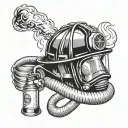 Firefighter helmet and compressed air breathing apparatus and fire hose with fire as background tattoo design idea