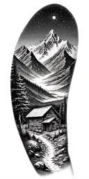 A mountain trail, with a log cabin ahead surrounded by mountains and a starry sky tattoo design idea