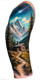 A mountain trail, with a log cabin ahead surrounded by mountains and a starry sky tattoo design idea