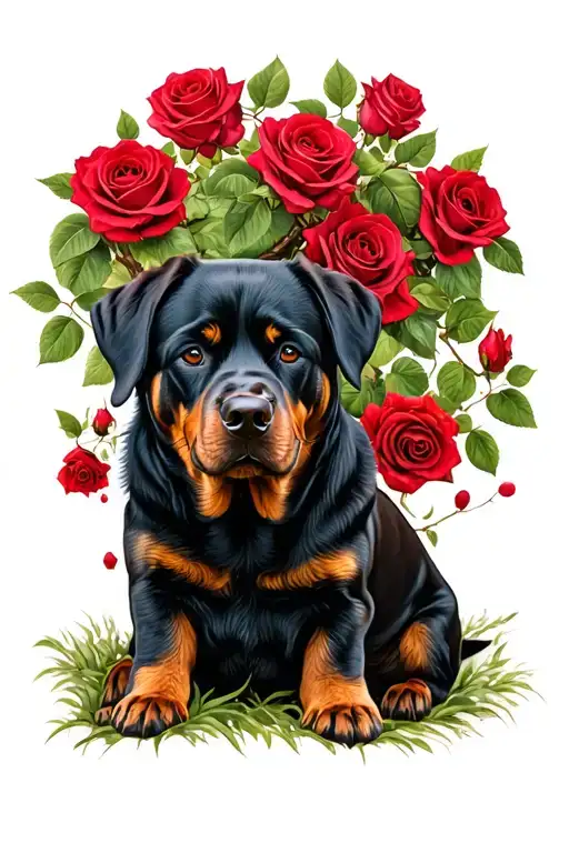 Rottweiler dog family tree red roses growing tattoo design idea