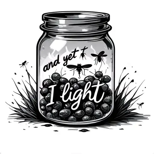 jar of flies inside the jar with text "and yet I fight" written inside the jar tattoo design idea