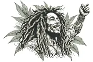 A realistic portrait tattoo of Bob Marley with a subtle marijuana leaf pattern in the background tattoo design idea
