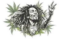 A realistic portrait tattoo of Bob Marley with a subtle marijuana leaf pattern in the background tattoo design idea