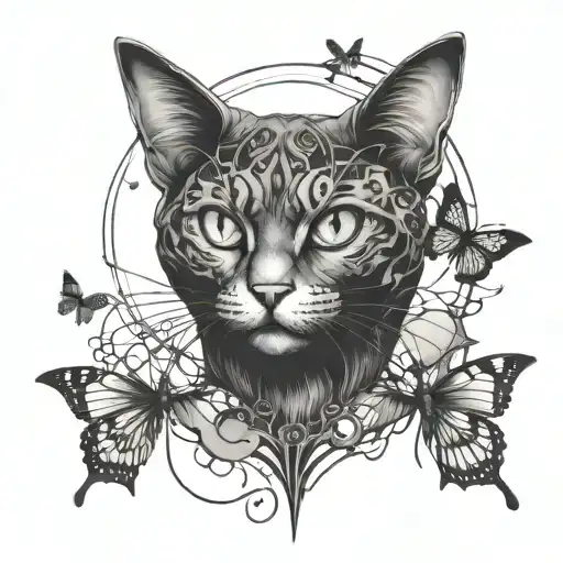 make a butterfly mixed a cat with bat features, with a moon around it containing spider webs coming out around it tattoo design idea