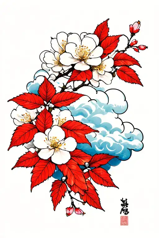 Cloud Japanese Leafs Cherry Blossom tattoo design idea