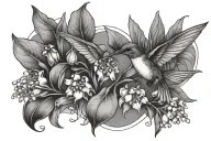 under boob, lily of the valley, hummingbird  tattoo design idea