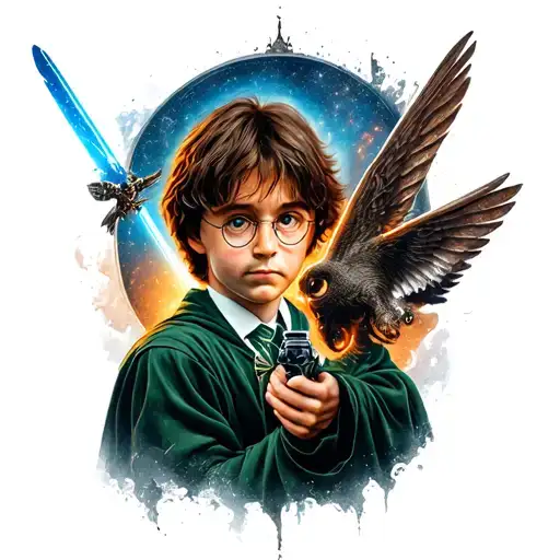 Harry Potter, Star Wars and lord of the rings intertwined tattoo design idea