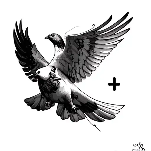 The tattoo follows a black and grey realism style with a memorial theme. At the top, a detailed dove with outstretched w tattoo design idea