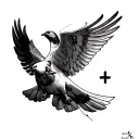 The tattoo follows a black and grey realism style with a memorial theme. At the top, a detailed dove with outstretched w tattoo design idea