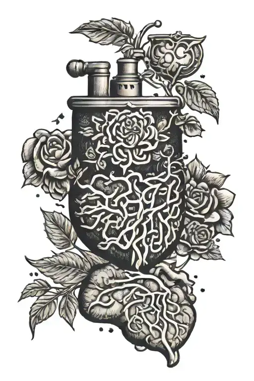 Nuremberg hands, heart and brain, an old fashion cocktail, a scale, the word "resilience" tattoo design idea