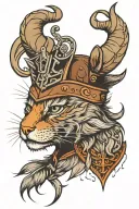 Viking cat head with Viking horn hat and a Viking boat under the head tattoo design idea