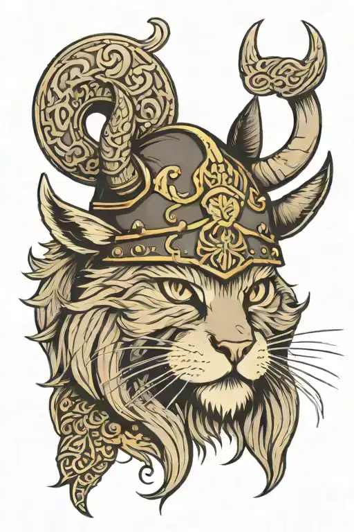 Viking cat head with Viking horn hat and a Viking boat under the head tattoo design idea