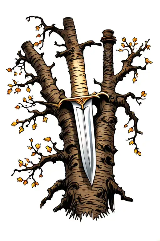 birch tree with sword piercing it and with omne bonum en fine carved in the bark tattoo design idea