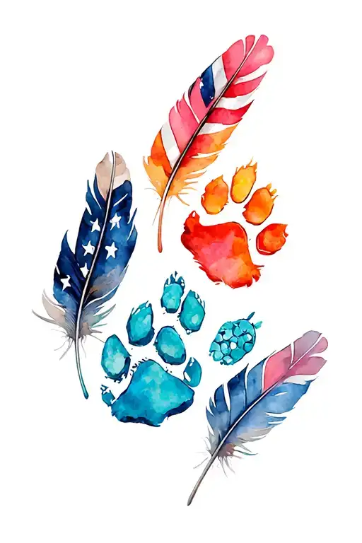 multiple feathers in fall colors with 2 dog paw prints incorporated, American flag and western turquoise jewlery tattoo design idea