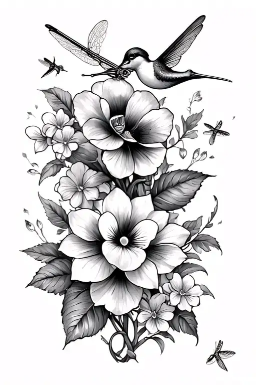 sailor knot, trumpet flowers, forget me nots, lotus flowers, pansies, dragon fly, humming bird, full sleeve tattoo design idea