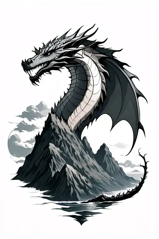 mountain fiji with a dragon emerging tattoo design idea