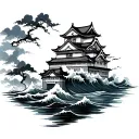 Japanese Castle With Blasting Waves tattoo design idea