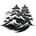 Japanese Castle With Blasting Waves tattoo design idea