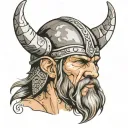 Viking's face close-up, but half of it is like a draugr's, in a cracked helmet without horns tattoo design idea