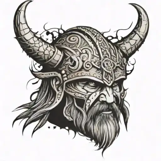 Viking's face close-up, but half of it is like a draugr's, in a cracked helmet without horns tattoo design idea