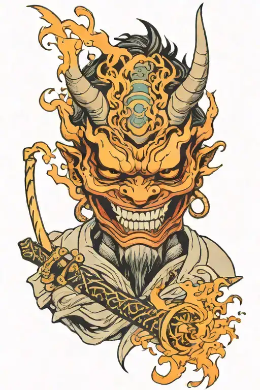 oni mask samuri holding flame sword with color tattoo design idea