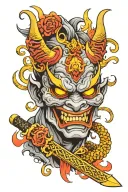 oni mask samuri holding flame sword with color tattoo design idea