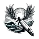 wave sun surf board with wings tattoo design idea