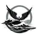 wave sun surf board with wings tattoo design idea