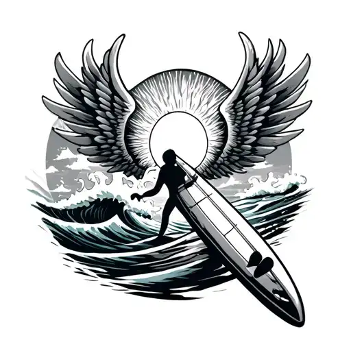 wave sun surf board with wings tattoo design idea