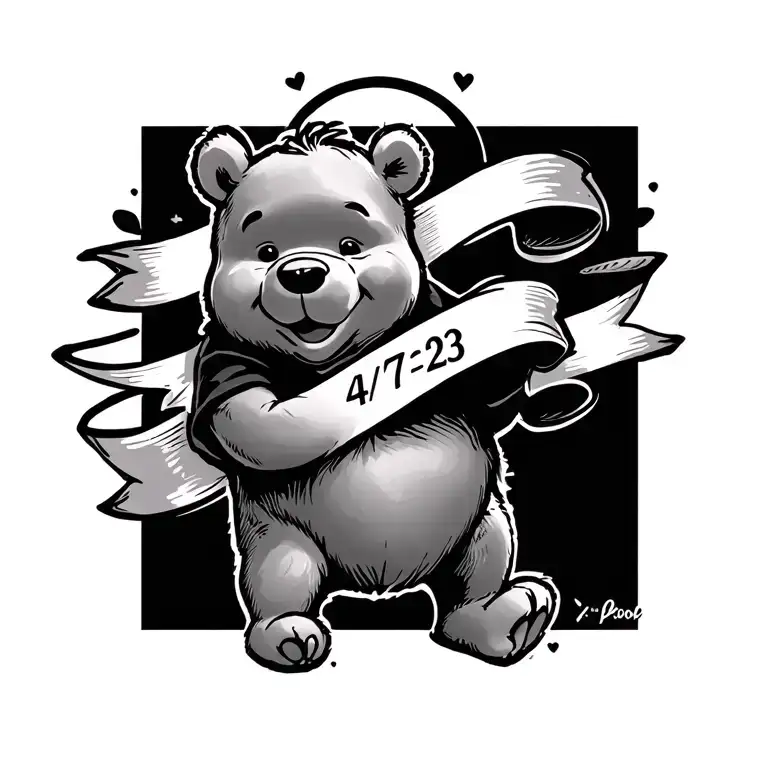 winnie the pooh with 4/7/23 banner underneath tattoo design idea