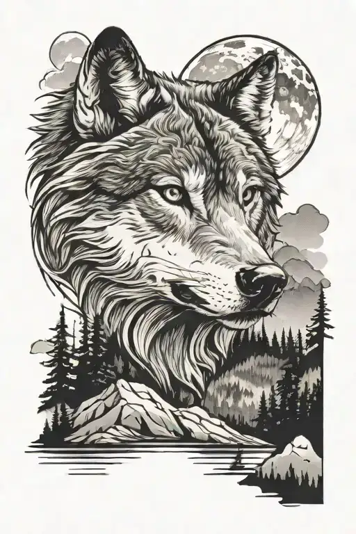 tattoo design of a close up wolf face, mountain, forest, sun, moon, river tattoo design idea