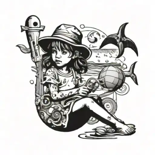 A whimsical and colorful portrait of your daughter playing with beach toys at the shore tattoo design idea