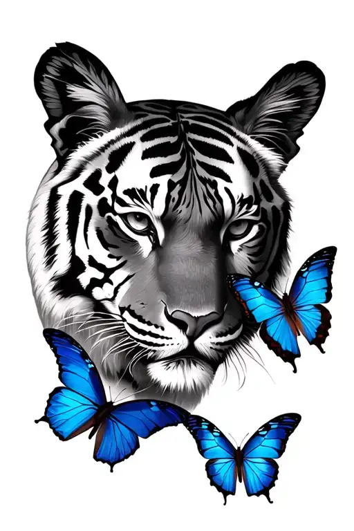 tiger face blue butterflies flying tattoo design idea