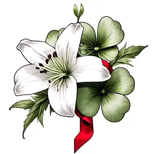 spider lily mistletoe with red ribbon four leaf clover tattoo design idea