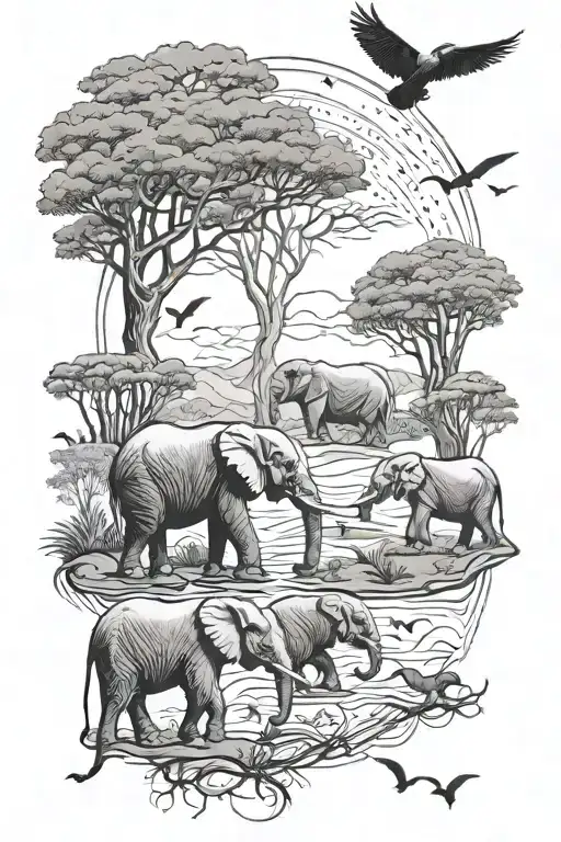 elephant herd grazing below trees and silhouettes of flying birds tattoo design idea