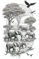 elephant herd grazing below trees and silhouettes of flying birds tattoo design idea