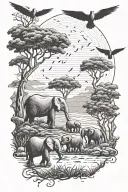 elephant herd grazing below trees and silhouettes of flying birds tattoo design idea
