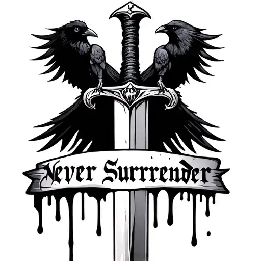 sword with blood dripping text saying never surrender gothic theme with a crow onto better days happy theme  tattoo design idea