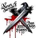 sword with blood dripping text saying never surrender gothic theme with a crow onto better days happy theme  tattoo design idea