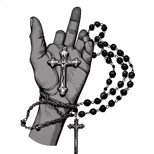 A rosary tangled on the wrist of the hand and that the cross is on the middle finger tattoo design idea