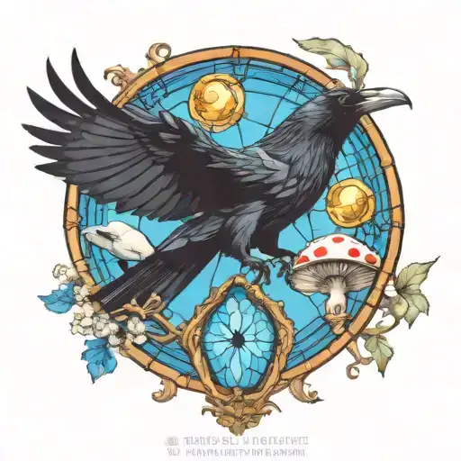 raven flying with a skull and amanita mushrooms with blue stained glass window background tattoo design idea