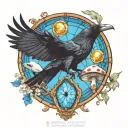raven flying with a skull and amanita mushrooms with blue stained glass window background tattoo design idea