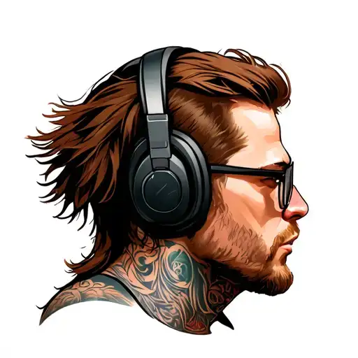 A man with headphones, brown hair, mullet, Mustage and glasses tattoo design idea
