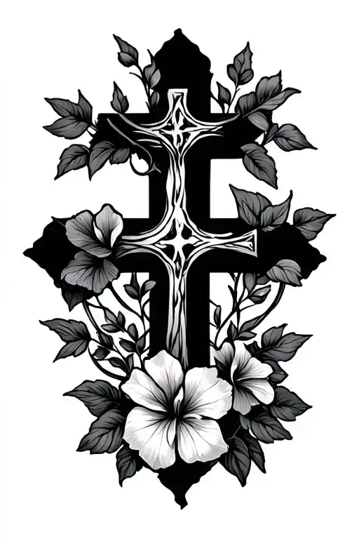 a dainty cross tattoo surrounded by morning glory vine tattoo design idea